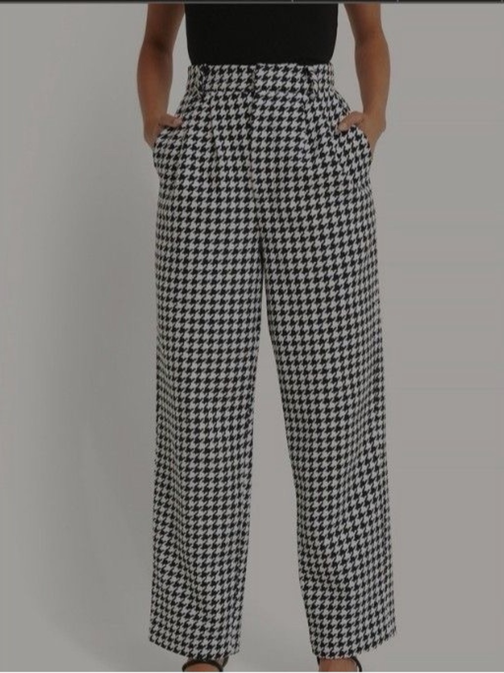 Paperbag Waist Houndstooth Ankle Cropped Trousers - Black & White - Picture 7 of 7